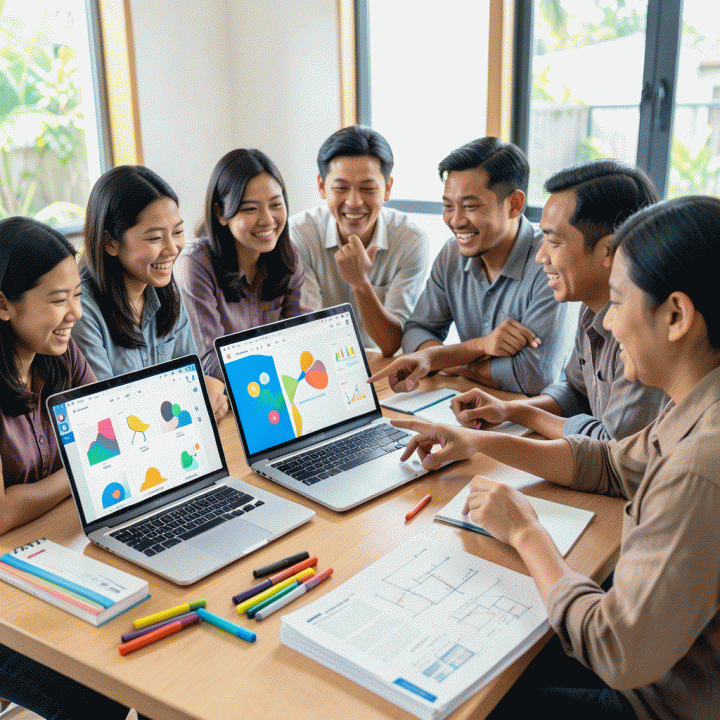 Sekelompok guru Indonesia yang berkolaborasi di meja modern, menggunakan laptop yang menampilkan antarmuka AI pendidikan abstrak, melambangkan pembuatan RPP dan materi ajar secara cepat dan efisien.