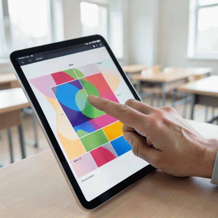 Tangan seorang guru berinteraksi dengan tablet yang menampilkan antarmuka abstrak rencana pembelajaran (RPP) yang dihasilkan AI, menunjukkan kemudahan dan kecepatan.