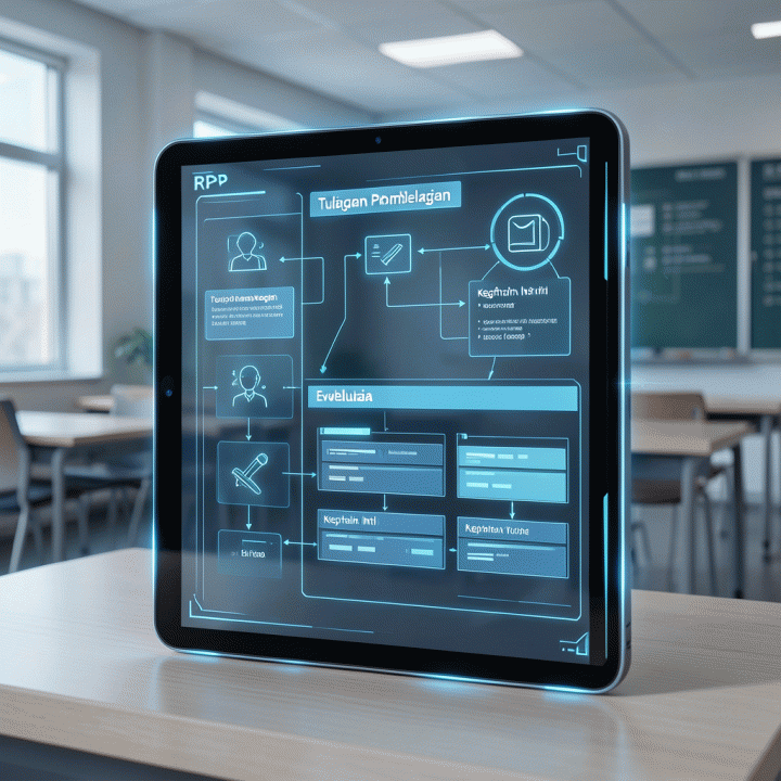 Visualisasi digital RPP yang tersusun otomatis dan lengkap di layar, menunjukkan struktur materi pembelajaran yang terorganisir.