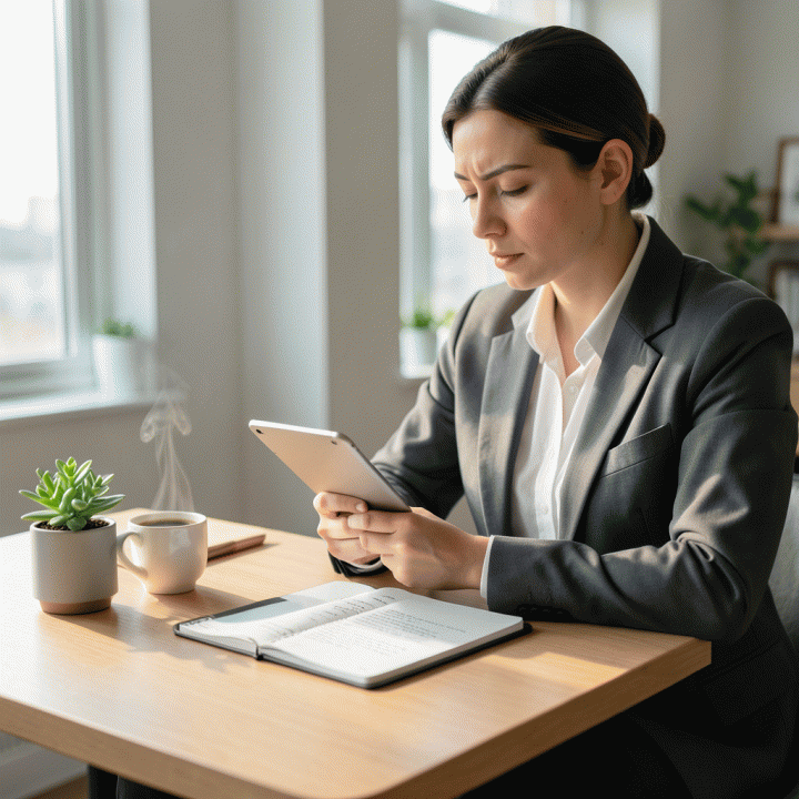 Seseorang duduk di ruang kerja yang tenang dan modern, menulis atau merefleksikan pikiran di jurnal atau tablet digital, menciptakan suasana kejernihan mental dan fokus.