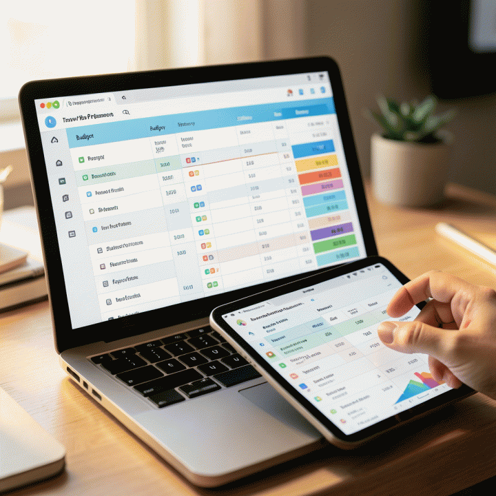 A close-up of a laptop and tablet displaying an organized travel planning spreadsheet, illustrating efficient travel management.