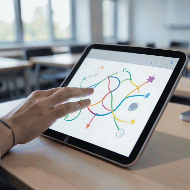 Tangan seorang guru berinteraksi dengan antarmuka tablet AI yang menampilkan konsep belajar yang menarik, menunjukkan kemudahan menyusun materi ajar.