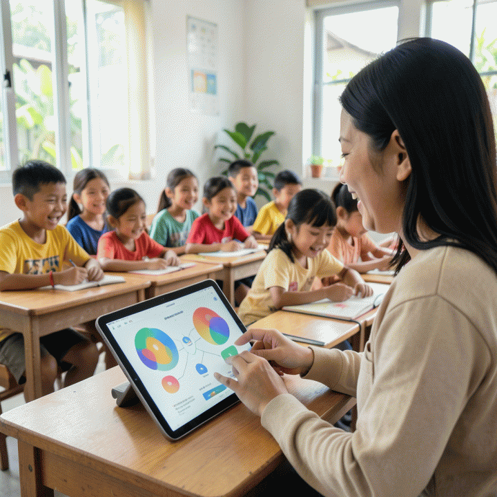 Guru Indonesia menggunakan tablet AI di kelas yang cerah, berinteraksi dengan anak-anak yang antusias belajar, melambangkan efisiensi penyusunan materi ajar dengan teknologi.
