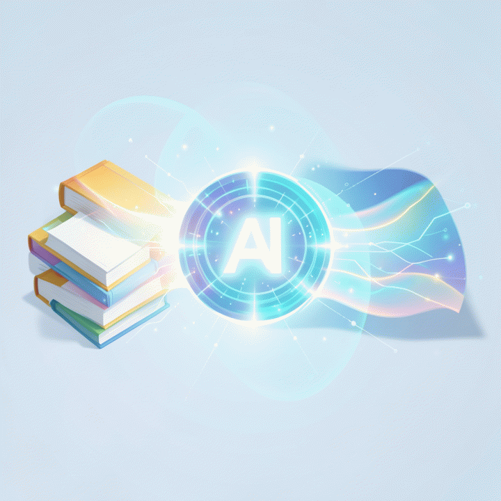Visualisasi efisiensi: Tumpukan materi belajar tradisional berubah menjadi sumber digital terorganisir berkat teknologi AI.