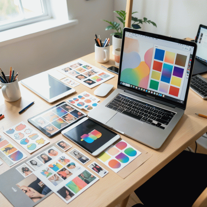 Meja kerja content creator yang terorganisir penuh dengan aset stiker digital, mood board, dan alat desain, menunjukkan proses kurasi visual yang konsisten dan estetik.