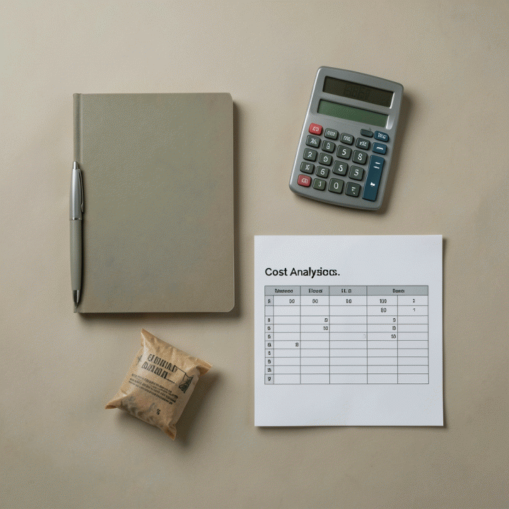 Flatlay alat-alat bisnis seperti kalkulator, buku catatan, dan sampel produk, melambangkan perhitungan biaya dan harga jual.