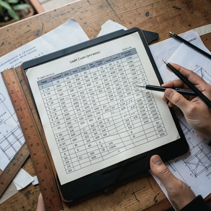 Visualisasi perhitungan estimasi biaya per meter pagar besi yang rumit dan akurat menggunakan buku catatan atau tablet digital di lokasi proyek.