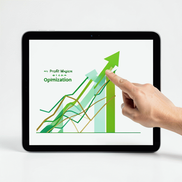 Visualisasi infografis abstrak yang menunjukkan peningkatan laba dan profit margin secara signifikan pada layar tablet, tanpa teks terbaca.