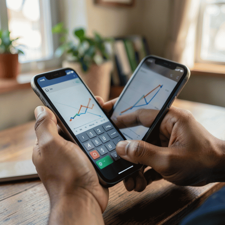 Tangan sedang menghitung biaya dan profit margin menggunakan aplikasi kalkulator di smartphone.