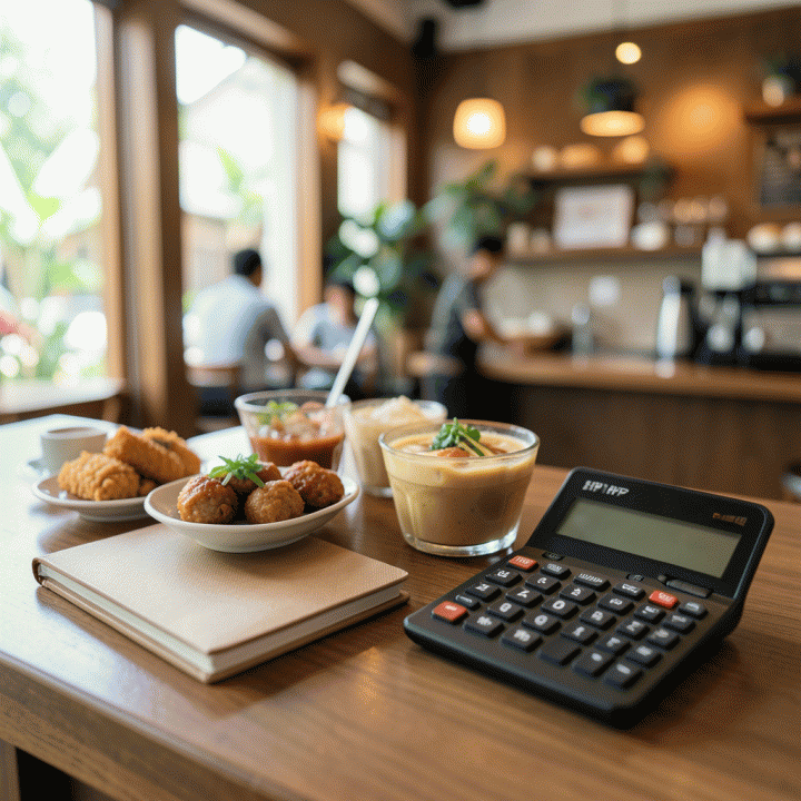 Foto sinematik di kafe modern, menunjukkan alat hitung HPP, buku catatan, dan aneka makanan/minuman Indonesia yang tertata rapi, melambangkan perhitungan bisnis F&B yang akurat.