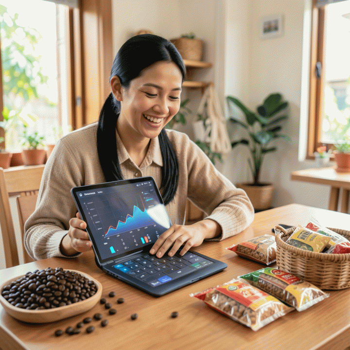 Seorang pemilik UMKM Indonesia tersenyum percaya diri sambil menganalisis data keuangan dan produk-produk kerajinan tangan di meja kerja yang rapi, menunjukkan konsep penentuan harga jual optimal.