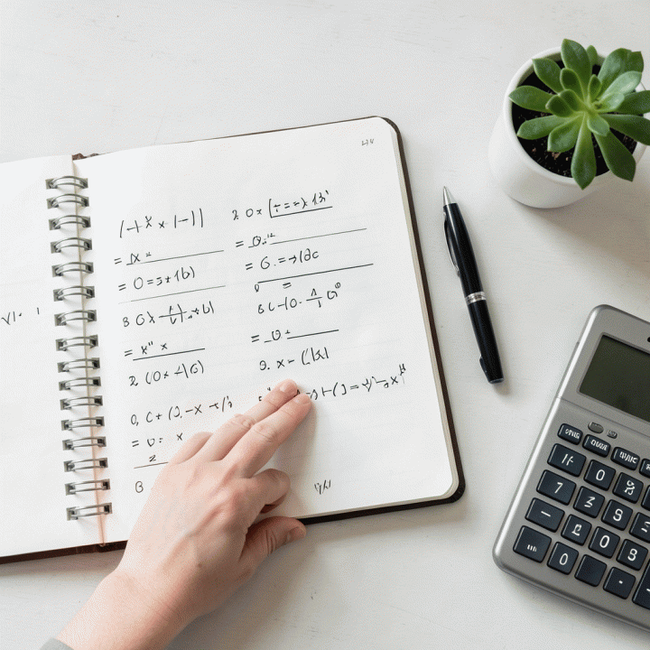Tampilan dari atas (flat lay) sebuah meja kerja yang menunjukkan proses perhitungan profit margin bisnis F&amp;B secara terstruktur.