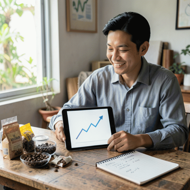 Seorang pemilik UMKM Indonesia sedang menganalisis perhitungan keuangan di tablet, menunjukkan proses penentuan harga jual optimal untuk bisnisnya.