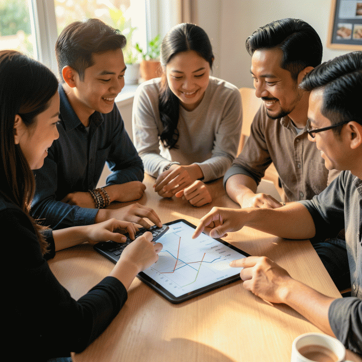 Kelompok pengusaha UMKM Indonesia sedang berdiskusi di meja kerja modern, menganalisis data keuangan dan menghitung harga pokok penjualan (HPP) menggunakan tablet, menunjukkan perencanaan bisnis yang matang.