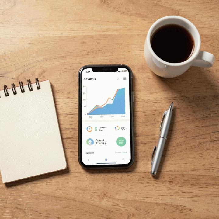 Tampilan atas (flat lay) meja kerja yang menunjukkan perencanaan keuangan UMKM, meliputi dashboard abstrak, buku catatan, dan kalkulator, menekankan penentuan harga jual yang optimal.