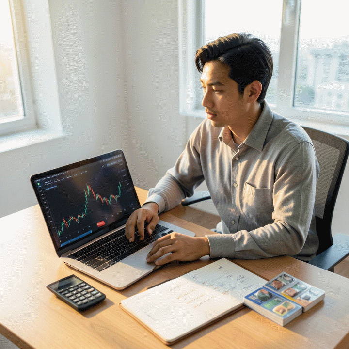 Seorang pengusaha UMKM Indonesia yang fokus menghitung dan menganalisis data keuangan bisnis di meja kerja modern, menunjukkan strategi untuk menentukan harga jual dan margin keuntungan yang optimal.
