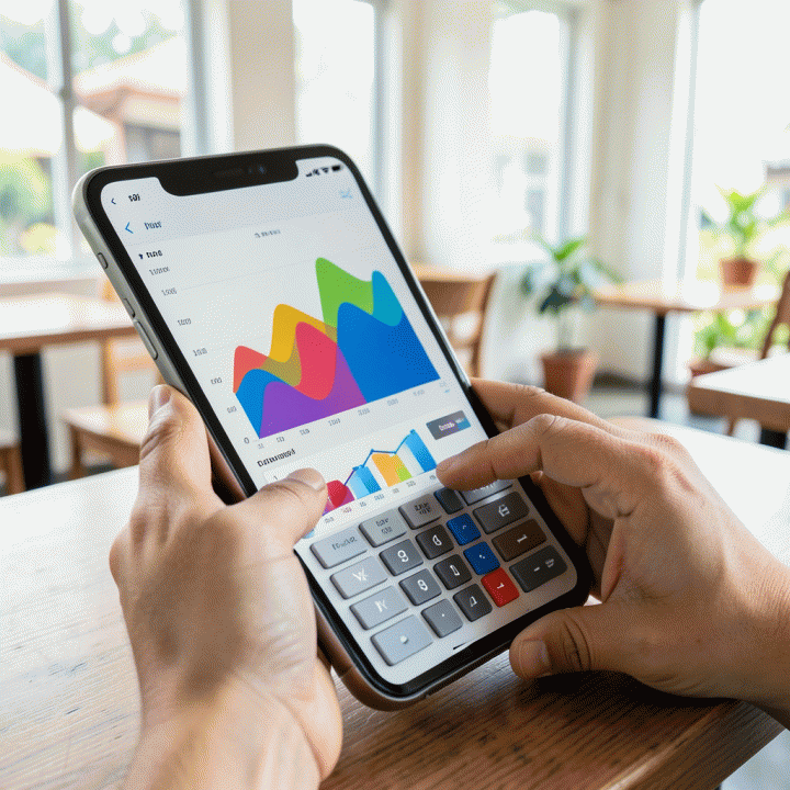 Tangan yang sedang menggunakan kalkulator digital di tablet untuk menghitung HPP dan margin keuntungan secara akurat.