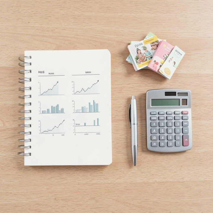 Komposisi flat lay berisi kalkulator, buku catatan, dan produk sampel yang melambangkan perencanaan keuangan dan penentuan harga jual optimal untuk UMKM.