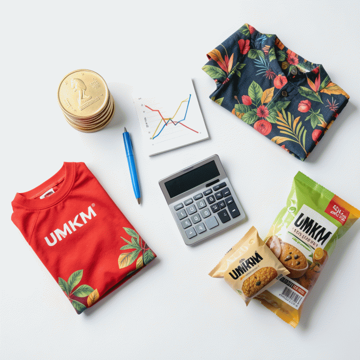 Komposisi flat-lay yang menunjukkan alat-alat perhitungan keuangan, mata uang, dan produk UMKM yang siap untuk menentukan harga jual optimal.
