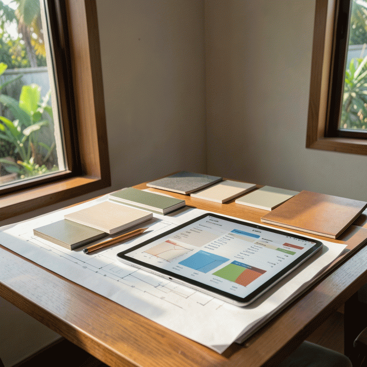 Penggambaran interior rumah Indonesia yang sedang direnovasi, dengan fokus pada meja kerja perencanaan yang berisi cetak biru, sampel material, dan tablet digital yang menunjukkan grafik estimasi biaya, melambangkan perencanaan RAB yang akurat.