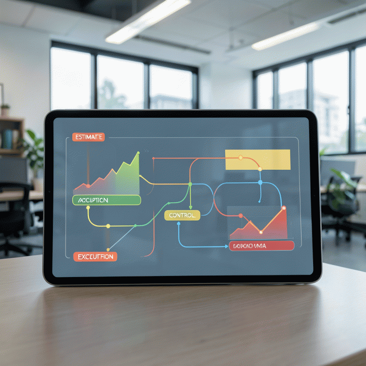 Visualisasi abstrak alur kerja kontrol biaya proyek menggunakan diagram dan grafik yang ditampilkan di layar digital, menunjukkan monitoring dari estimasi hingga realisasi.