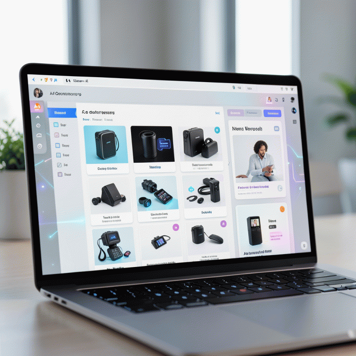 Antarmuka AI pada layar laptop menampilkan banyak variasi konten iklan dan tata letak produk yang dihasilkan secara efisien, menekankan kemampuan AdGen AI untuk pembuatan konten massal.