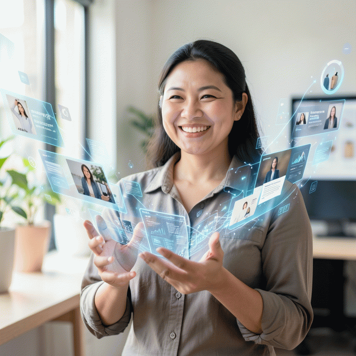 Pemilik UMKM tampak antusias dan percaya diri setelah mendapatkan inspirasi visual konten iklan dari bantuan teknologi AI, menunjukkan kemudahan akses bagi pelaku usaha kecil.