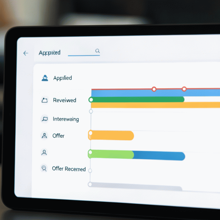 Tampilan dasbor digital yang menunjukkan linimasa kronologis lamaran kerja yang terorganisir berdasarkan status. Desain minimalis dan intuitif.