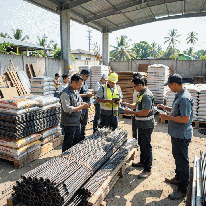 Tim profesional di lokasi konstruksi modern Indonesia sedang menggunakan teknologi digital (tablet dan scanner) untuk melacak material bangunan, menunjukkan manajemen proyek yang efisien dan anti-boros.