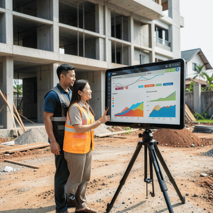 Pemilik proyek dan supervisor meninjau dashboard digital di lokasi konstruksi, memantau progres dan biaya proyek secara real-time.