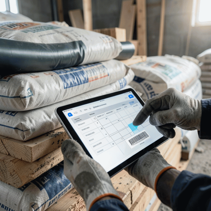 Pandangan dekat menunjukkan material konstruksi yang tertata rapi dan sedang dipindai menggunakan tablet, menggambarkan proses pelacakan inventaris digital.