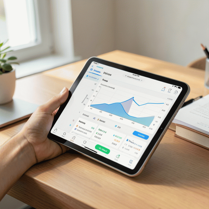 Tangan menggunakan tablet untuk melihat aplikasi penganggaran keuangan pribadi yang terorganisir di meja kayu. Fokus pada pelacakan pengeluaran dan perencanaan anggaran.
