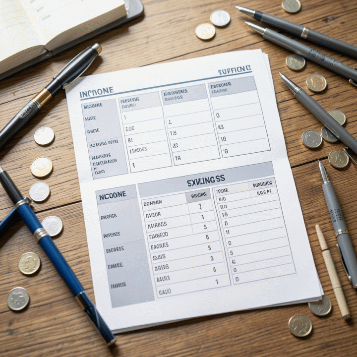 Tampilan flat lay template perencana anggaran fisik yang terorganisir dengan alat perencanaan keuangan di atas meja kayu.