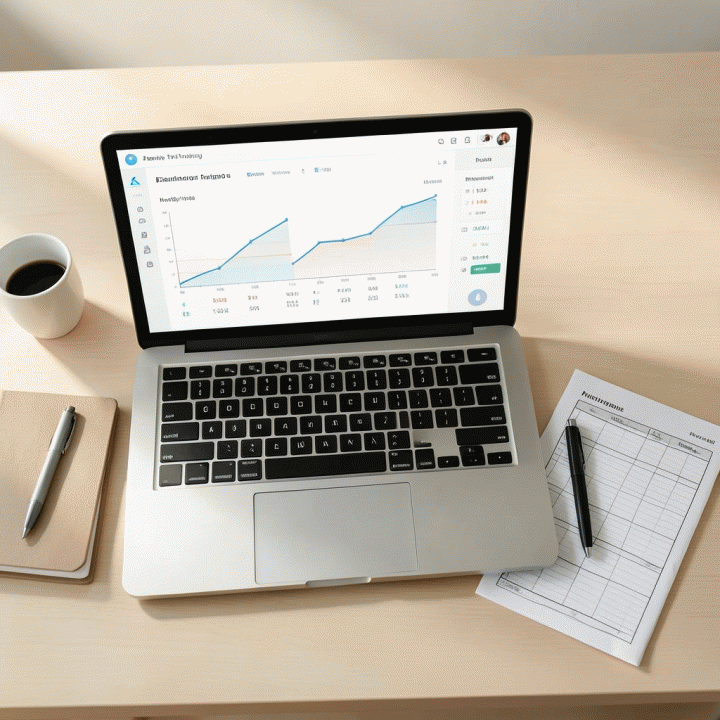 Tampilan meja kerja yang rapi dengan laptop menampilkan dashboard anggaran bulanan yang terorganisir dan alat perencanaan keuangan.