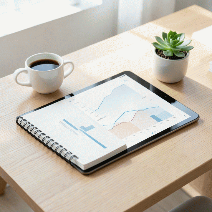 Meja kerja yang rapi dengan buku catatan, tablet digital menampilkan grafik keuangan, dan tanaman kecil, melambangkan perencanaan dan pengendalian anggaran keuangan pribadi.
