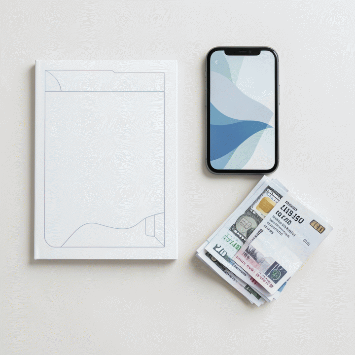 Komposisi flat lay dari alat-alat keuangan seperti buku anggaran, kartu kredit, dan smartphone yang menampilkan dasbor keuangan, melambangkan pengelolaan dana yang komprehensif.