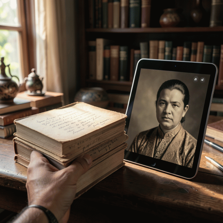 Tangan seseorang memegang tumpukan album foto keluarga tua yang usang, di sampingnya terdapat tablet digital yang menampilkan foto keluarga yang telah direstorasi dengan resolusi tinggi, melambangkan pelestarian memori digital.