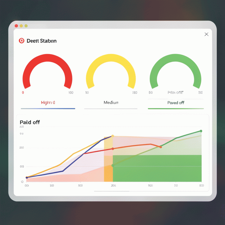 Tampilan dashboard keuangan digital yang menunjukkan visualisasi progres pelunasan utang dalam bentuk grafik dan meteran status risiko, menggunakan kode warna untuk memprioritaskan pembayaran.