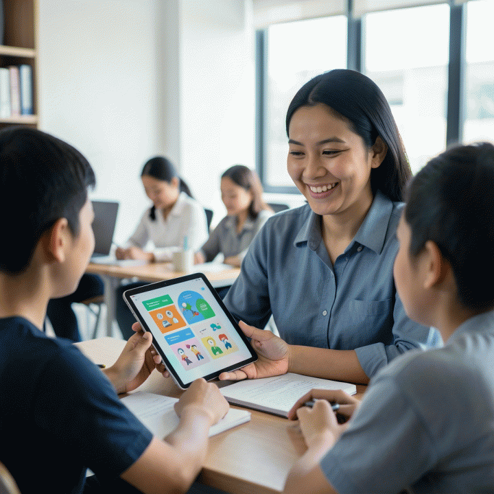 Seorang guru Indonesia yang ramah dan sedang mengajar di kelas modern dengan perangkat teknologi.