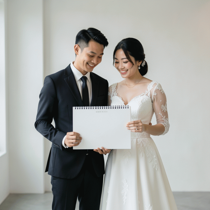 Sepasang pasangan pengantin Indonesia yang bahagia dan sedang merencanakan pernikahan bersama-alaman pemandu.