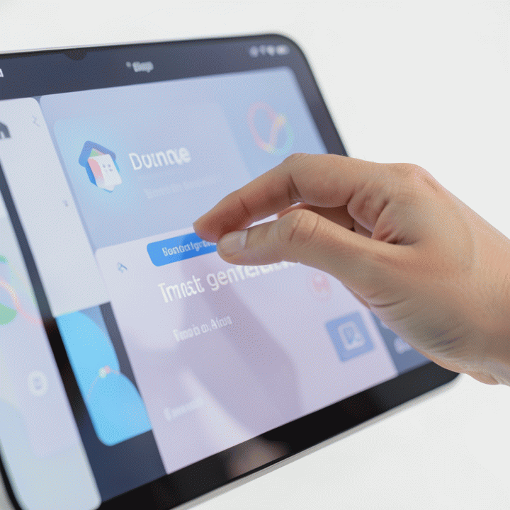 Tangan berinteraksi dengan antarmuka digital modern untuk memberikan prompt pada generator gambar AI.