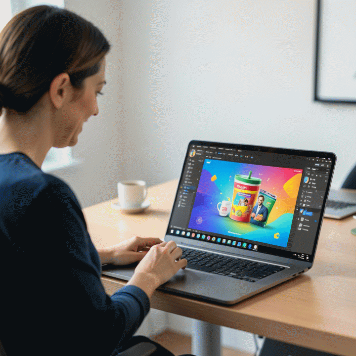 Seorang pemilik usaha kecil sedang membuat visual pemasaran profesional menggunakan generator gambar AI di laptop, menunjukkan kemudahan pembuatan konten visual.