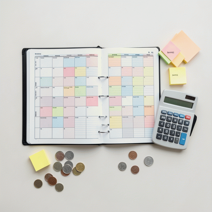 Tampilan datar (flat lay) yang terorganisir dari berbagai alat perencanaan keuangan seperti planner, sticky notes, dan koin, menunjukkan konsep pengelolaan anggaran yang komprehensif.