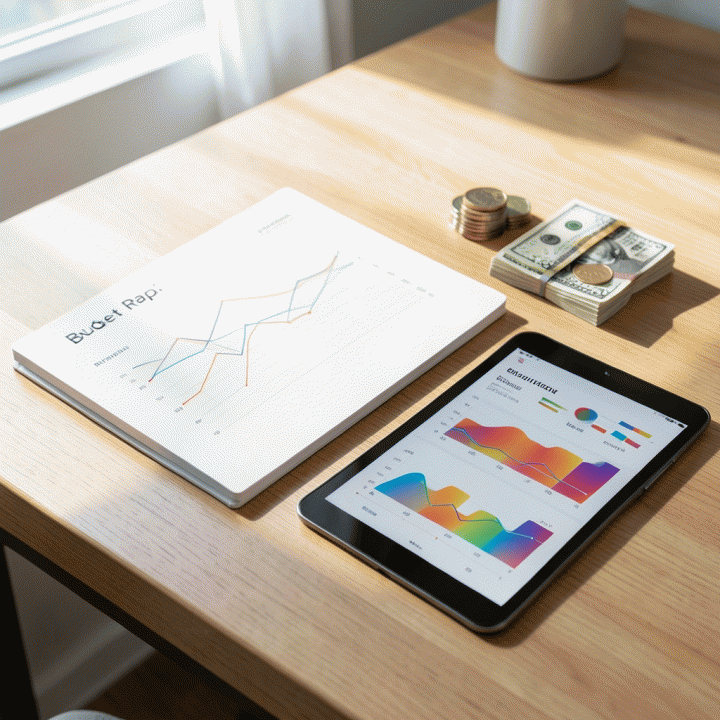 Tampilan meja kerja yang rapi dengan planner keuangan modern, uang tunai yang tersusun, dan tablet digital yang menampilkan grafik keuangan yang terorganisir, melambangkan perencanaan anggaran bulanan yang efektif.