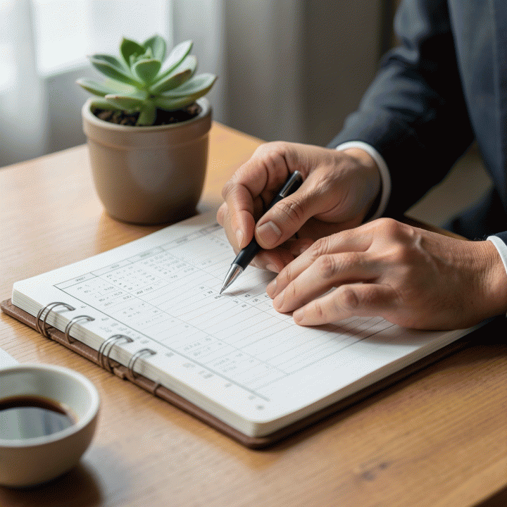 Tangan profesional sedang mencatat atau mengisi anggaran dalam buku planner yang terstruktur, menunjukkan proses pelacakan keuangan yang teliti.