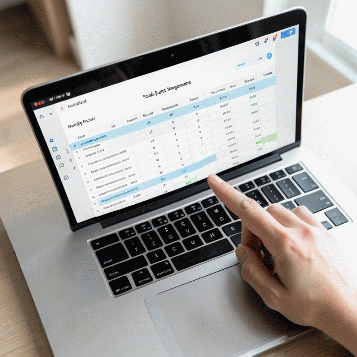 Tampilan overhead laptop menampilkan template anggaran keluarga yang terorganisir dengan rapi untuk manajemen keuangan bulanan.