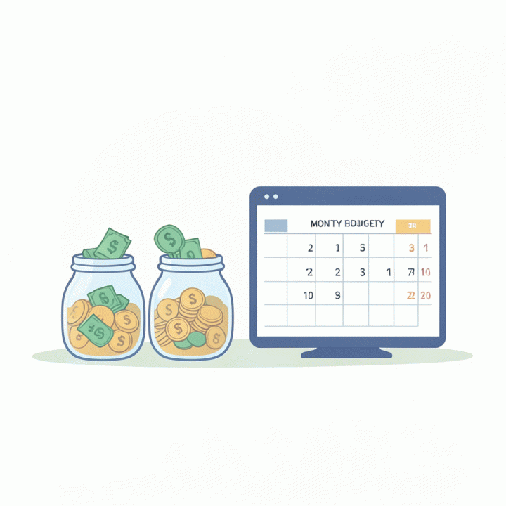 Grafik visual tentang keluarga mengelola keuangan secara efektif dengan uang mengalir ke celengan dan kalender yang terorganisir.