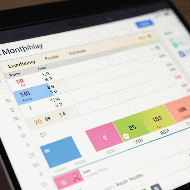 Close-up tampilan antarmuka spreadsheet menunjukkan rincian anggaran bulanan keluarga dengan kategori yang diberi warna.