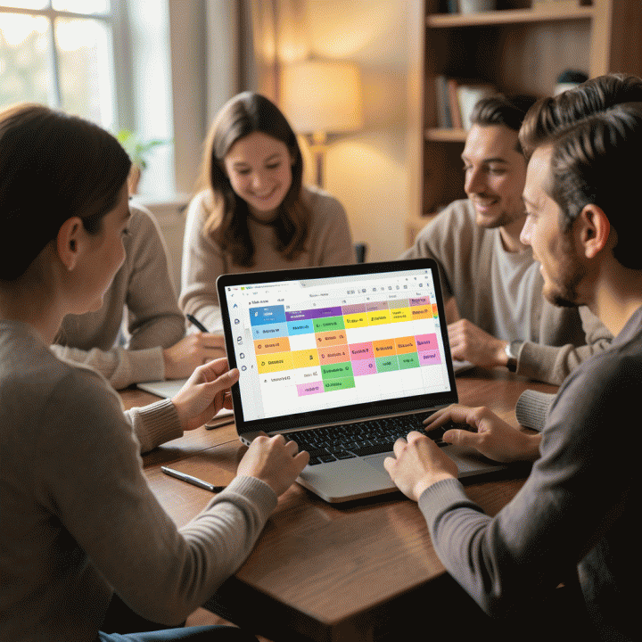 Keluarga sedang merencanakan anggaran bulanan menggunakan template spreadsheet di laptop, menunjukkan pengelolaan keuangan keluarga yang terorganisir.