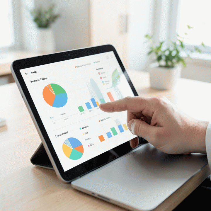 Tangan yang sedang melacak pengeluaran dan pemasukan di aplikasi anggaran di tablet, menampilkan visualisasi data yang terstruktur.